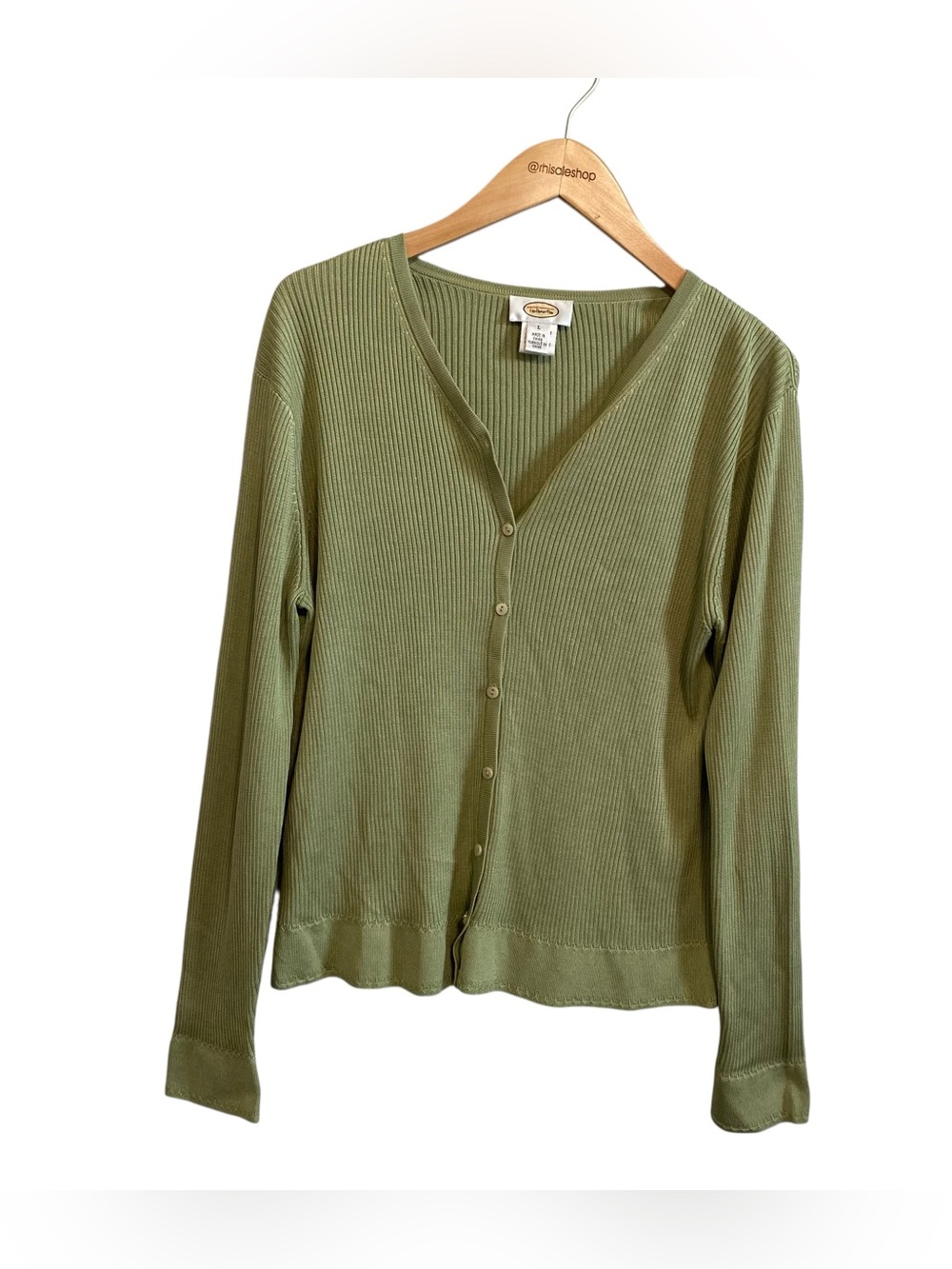 Vintage Talbots Green Ribbed 100% Silk Knit Cardigan Sweater Size Large